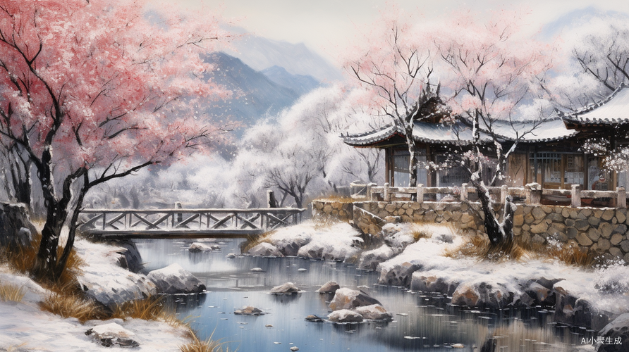 冬天雪景中的小木屋、小桥流水和古老梅花树