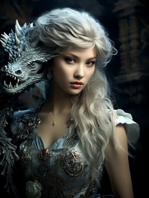 Dragon princess, great American style photo custom looking back, the skin is like snow, showing light luster, as if under the moonlight frost, pure and flawless. Her eyes were as deep as the brightest stars in the night sky, shining with wisdom. Her hair falls like a waterfall, every ray of hers sparkles like a black jade, her beauty is stifling v 6