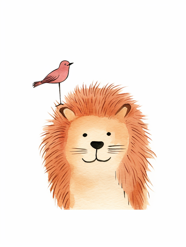 Serene Lion with Bird: Minimalistic Mori Kei Painting