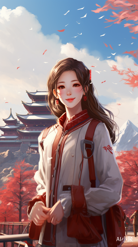 汉服少女身后复古二层楼学校，山林与雪交织