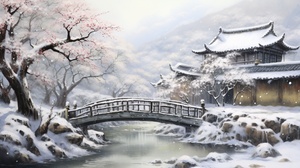 冬天雪景，古老梅花树开满黄色梅花，小木屋，小桥流水，近景