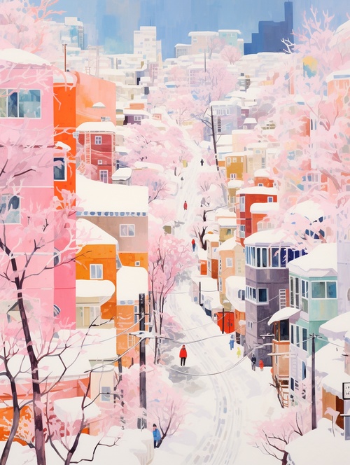 a painting shows a snowy city, in the style of naomi okubo, white and pink, esteban vicente, vibrant, lively, mid-century illustration, passage, iberê camargo ar 3:4