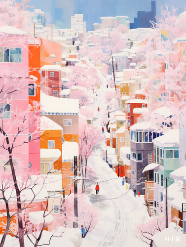 Snowy City: A Vibrant and Lively Mid-century Illustration