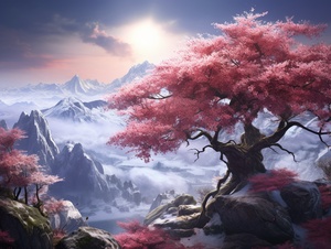 On a cloudy day, this beautiful tree branch is covered in heavy snow, misty with white and purple red flowers, covered in snow with plum blossom petals, mountain valleys, high-definition, and a dreamlike fairy tale kingdom.