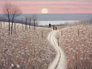 a couple walkingon a path near tall grass,in the style of romantic moonlit seascapes,light silver and pink,dee nickerson,snow scenes,light indigo and orange,wildlife art with a satirical twist