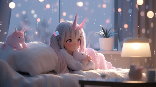 3D，立体感，皮克斯动画，午夜马，cute night pony，xityua by kim yumi，pony, in the style of charming anime pony, light white and light cyan, uhd image, pink and gray, panorama, shiny, northwest school Model: Niji V5