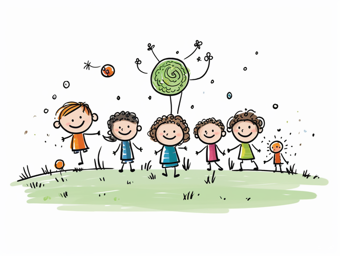 Children playing on grass in simple stick figure style