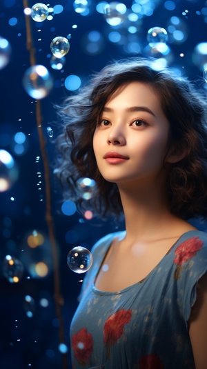 Super realistic 8K CG, masterpiece, best quality, (Super realistic 8K CG, masterpiece, best quality, (photorealistic: 1.4), HDR, absurdres, Professional, RAW photos, lens flares, (film grain: 1.1), bokeh, (depth of field), studio lighting, a Chinese woman standing in the air with many bubbles and looking at the camera, surreal 8k CG, masterpiece, best quality, (photorealistic: 1.4), HDR, absurdres, professional, RAW photos, lens flares, (film grain: 1.1), bokeh, (depth of field), studio lighting, a Chinese