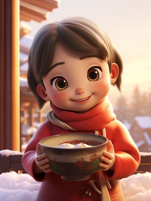 chinese style design ,on a cold winter morning, a cute 3- year - old baby girls, holding a small bowl of steaming Laba porridge in her hand， Smiling eyes curved, light red Chinese modern Hanfu , Stylish hair accessories , ray tracing , Pixar style , animation lighting , depth of field , festive environment，ultra detailed ,16K ar 3:4 niji 5 s 200