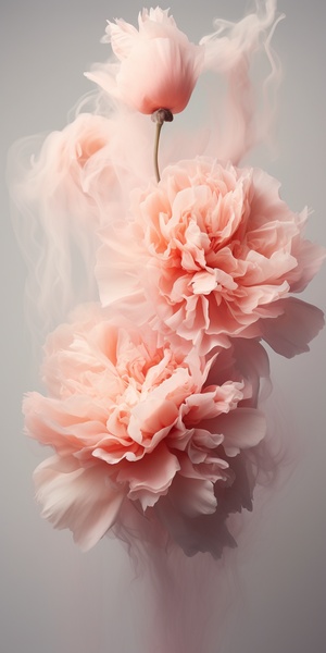 Close-up, lowered head, Peony flowers of smoke, floating in the air, by akos major,abstract, motion blur, frozen moment, stunning imagination, 粉色和金色, dissipate, as silky as water