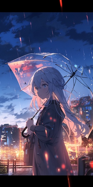 Panoramic View of a City at Night with Comet and Umbrella Girl