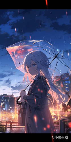 Panoramic View of a City at Night with Comet and Umbrella Girl