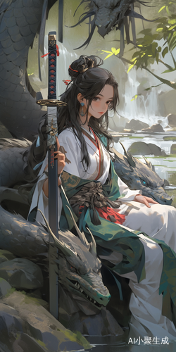 一位长发女孩手持刀剑独坐树旁，与东方龙并存