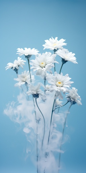 Close-up, lowered head, Small daisys made of smoke, floating in the air, by akos major,abstract, motion blur, frozen moment, stunning imagination, 雾霾蓝和白色, dissipate, as silky as water