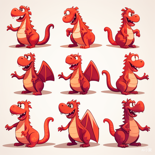 Nine Poses and Expressions of a Cute Red Dragon