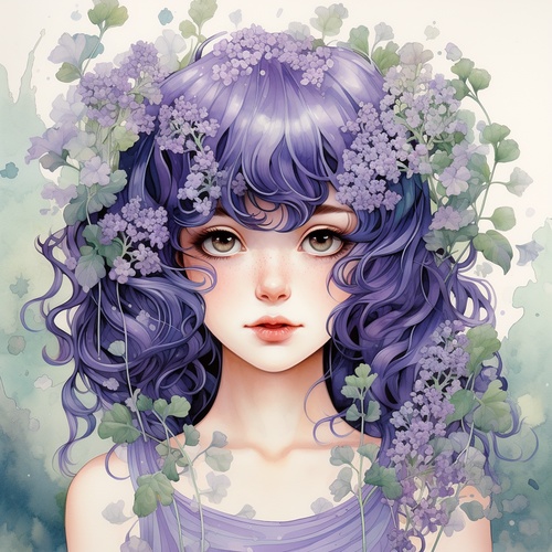 front,view,,bluebell,face,,happy,babysbreath,girl,illustration,,purple,hair,,Soft,pastel,colors,,Delicate,details,,Dreamy,atmosphere,,Natural,elements,,Elegant,Watercolors,,Audrey,Kawasaki,,bluebell,girl,Illustration,,busts,,soft,light