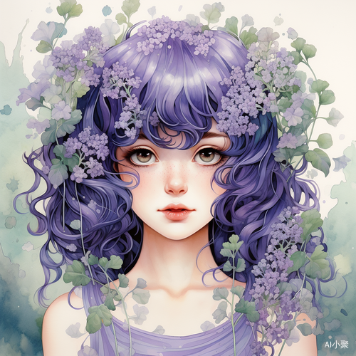 Front view of a happy girl with bluebell face, illustrated with delicate details and soft pastel colors