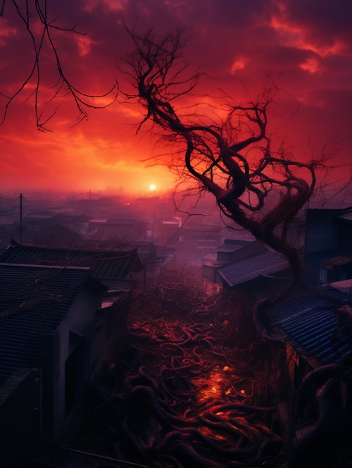 a red coloured sunset in the sky, in the style of rural china, japenese renaissance, cityscape photographer, twisted branches, cold and detached atmosphere, chinese tradition, national geographic photo .0