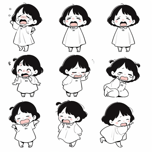 Minimalist Cartoon Girl with Various Poses and Expressions