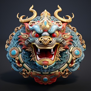 A delicate and adorable Chinese dragon IP avatar, a festive Chinese dragon head with auspicious elements such as jewelry and jade stones. It faces forward with a pleasant expression, exquisite and unique realistic style. There is a simple circular pattern of Chinese texture around it, giving a strong sense of texture. The blue, green, red, and gold decorations are beautifully crafted in high-definition images. The cute shape brings a joyful feeling. The white background adopts the pure color background from