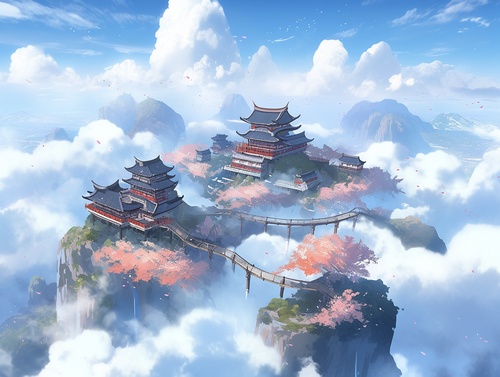 3D微观世界景，高山，云层，蓝天，亭子，超真实场景，古代场景，古代意境，高清