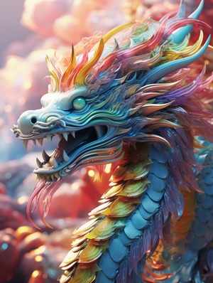 Up close, Rainbow Dragon, grand scene, Minimalism, Chinese Dragon, C4D rendering, Surrealism, Master works, movie lighting, Ultra HD, Fine detail, color level, 32K HD 3:4v 6.0