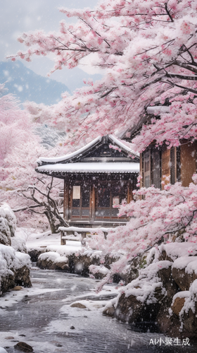 冬天雪景中的粉色梅花与古老小木屋