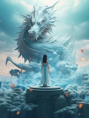 Drone View: Chinese Girl and Relievo Dragon in Dream Scene