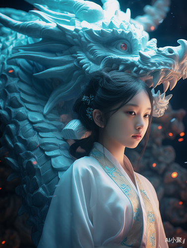 Drone View: Chinese Girl and Relievo Dragon in Dream Scene