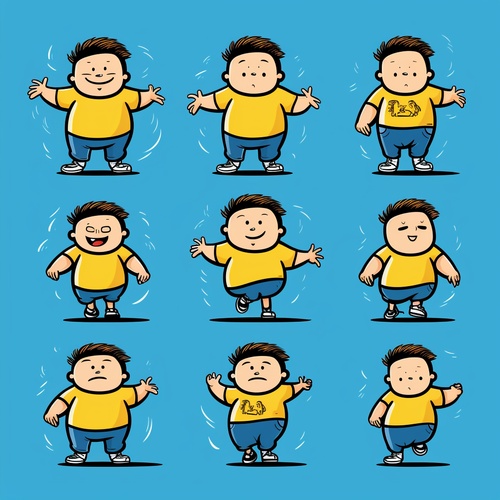 cartoon illustration chubby boy with brunette hair, yellow t-shirt, split into 9 different images, blue background, doodle in the style of Keith Haring, sharpie illustration, bold lines and solid colors, simple details, minimalist s 400