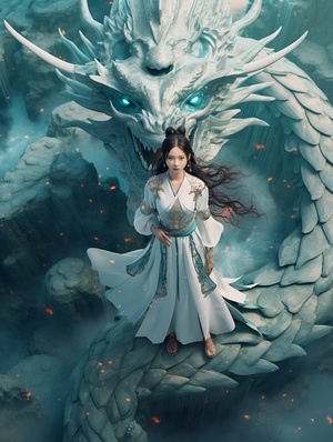 Drone View: Chinese Girl and Relievo Dragon in Dream Scene