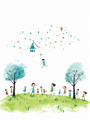 Simple cartoon,stick figure style,white background,children are playing on the grass