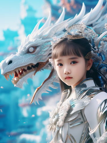 Surrealism: Chinese Girl and Cyan Relievo Dragon