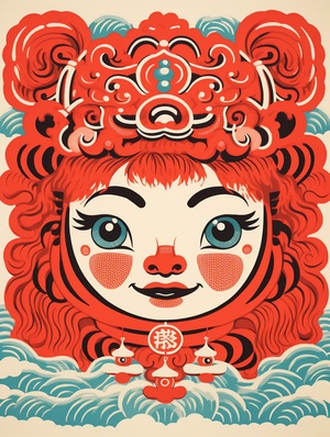 lino cut of an illustration of a girl of the chinese zodiac wearing a lion's head, in the style of rendered in cinema4d, playful character designs, dragon art, light red, plush doll art, cinestill 50d, culturally diverseelements, colorful, textured, patterned, fine art print, ar 3:4 c 12 s 185 - -v 6