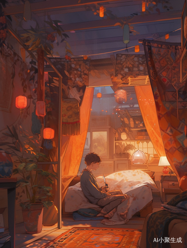 夜晚农村一个人手持绳子的房间