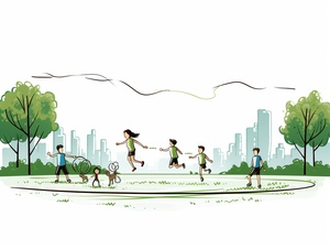 Simple cartoon,stick figure style,white background,children are jumping rope in the park