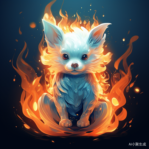 蓝橙水色火焰中的卡通狗