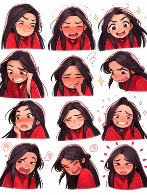 chibi Mulan, Disney Princess, all kinds of expressions, Happy, smiling, beaming, laughing, elated, Grief, sadness, pain, loss, heartbreak, tears like rain, distraught, angry, annoyed, resentful, amazed, stunnedr, disappointed1, cute eyes, multiple poss and expressions, white background, illustration-nii 5-style cute, emoji as illustration set, with boold manga line style, dynamic pose dark white, f 64 group, related characters, Old Meme Kernel