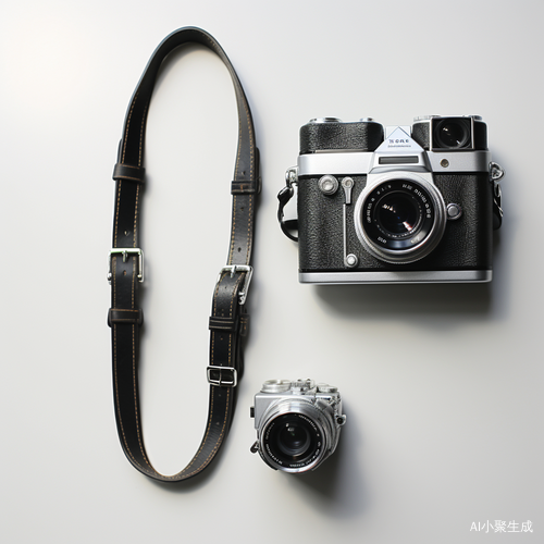 银色相机黑色挂绳银色手表黑色表带白色底图并排摆放苹果手机雪茄黑色书包