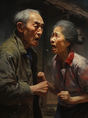 中国老夫妻面对面愤怒吵架插画高清作品