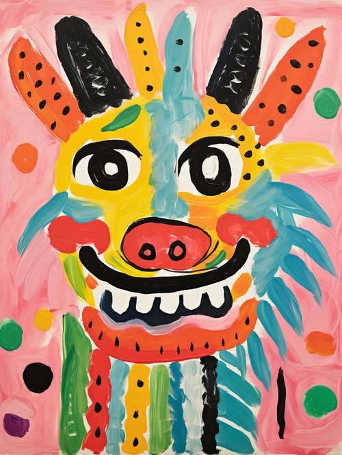 very cute chinese dragon painted by Maud Lewis, Chinese New Year atmosphere，Head close-up, abstract simple lines, illustration, Multi-color, advanced color matching ar 3:4 s 1000 v 6.0