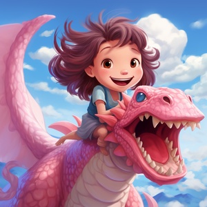 Colorful Dragon and Laughing Girl Dancing on Pink Background