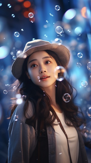 Super realistic 8K CG, masterpiece, best quality, (Super realistic 8K CG, masterpiece, best quality, (photorealistic: 1.4), HDR, absurdres, Professional, RAW photos, lens flares, (film grain: 1.1), bokeh, (depth of field), studio lighting, a Chinese woman standing in the air with many bubbles and looking at the camera, surreal 8k CG, masterpiece, best quality, (photorealistic: 1.4), HDR, absurdres, professional, RAW photos, lens flares, (film grain: 1.1), bokeh, (depth of field), studio lighting, a Chinese