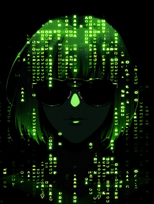 ASCII，黑客帝国，戴墨镜的女人头像，亮绿色，发光特效，纯黑背景