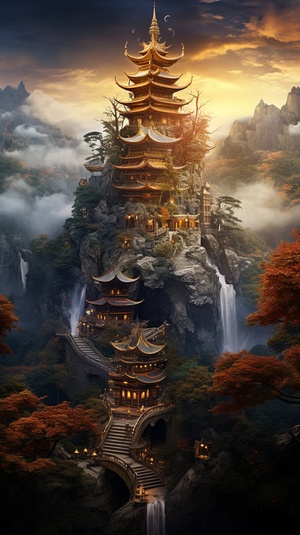 he tower, rocky hills and trees,photorealisticrendering, richly detailed backgroundsimmersive, religious building, easternbrushwork, contrasting lights and darks droneview,amazing epic chinese ancient themewater&ink style, Fantasy style, martial artsstyle, Temple, Chinese Divine Beast, Chinesefairy tale,highly detailed, dynamic, s 750-ar 16:9 s 750#midjourney #midjourney关键词