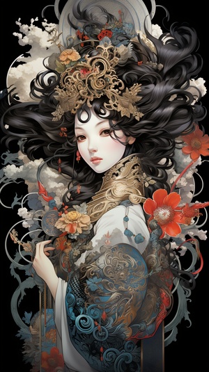 The Chinese Peking Opera character, and in the mandala flower, she references Aaron Horkey and Michael Parkes, adopting the style of Hokusai and James Gurney. The silver, gold, and black lines in the picture are meticulous and full of vitality; Two tarot, two Mandelberg set fractal patterns, paintings and portraits full of silver layers, works popular in Artstation, light colors, incredible silver and black gothic illustrations, exquisite details ar 9:16