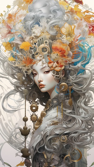 The Chinese Peking Opera character, and in the mandala flower, she references Aaron Horkey and Michael Parkes, adopting the style of Hokusai and James Gurney. The silver, gold, and black lines in the picture are meticulous and full of vitality; Two tarot, two Mandelberg set fractal patterns, paintings and portraits full of silver layers, works popular in Artstation, light colors, incredible silver and black gothic illustrations, exquisite details ar 9:16