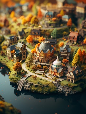 tilt-shift isometric miniature diaorama of tiny cute little fantasy village next to a lake, aerial view, autumn forest