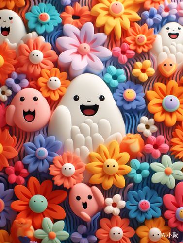 3D Claymation Style: Cute Ghosts and Flowers