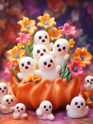 3d effect of cute clay ghosts and flowers in an overall pattern, cartoon and claymation style